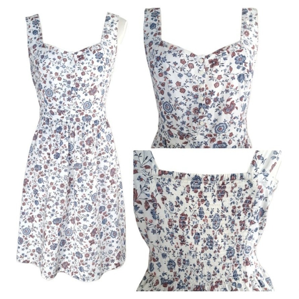 Fat Face Dress Size 12 Ivory Floral Print 100% Cotton Adjustable Straps Lined